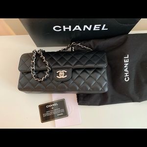 Chanel Classic E/W flap bag with silver hardware.